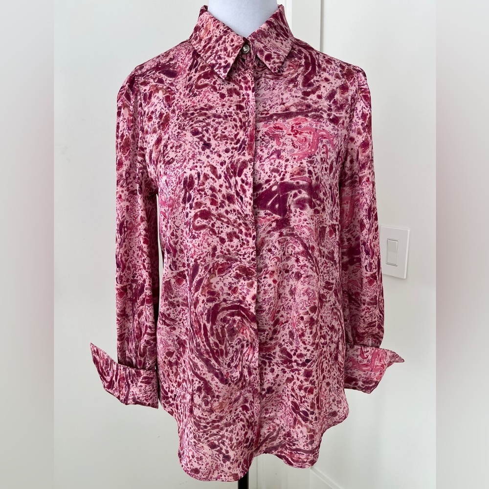 ZARA Pink Satin Watercolour Button Front Blouse French Cuff Rhinestone Detail